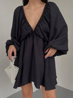 Deep V Neck Lantern Sleeve Pleated Waist Belted Mini Dress