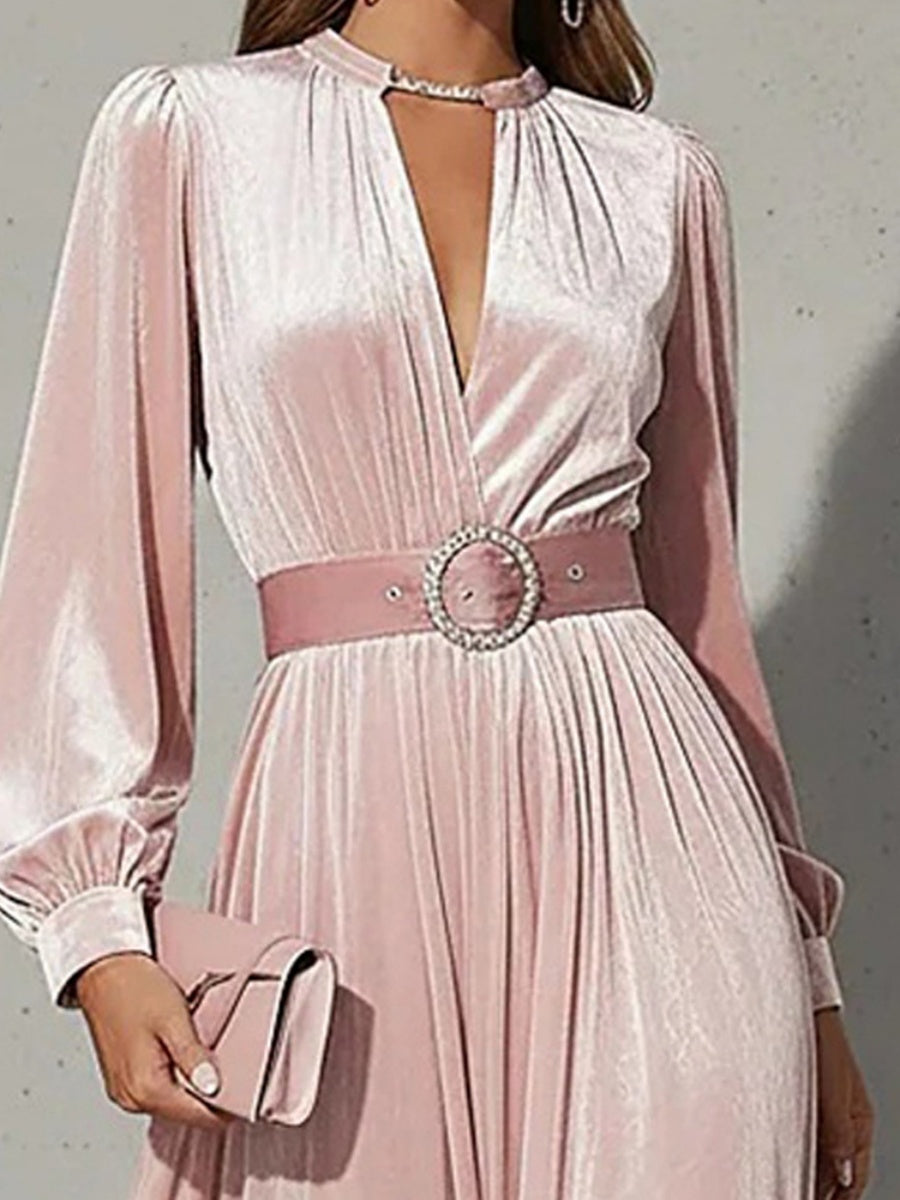 Waist Long Skirt Solid Color V-neck Velvet Long Sleeve Midi Dresses