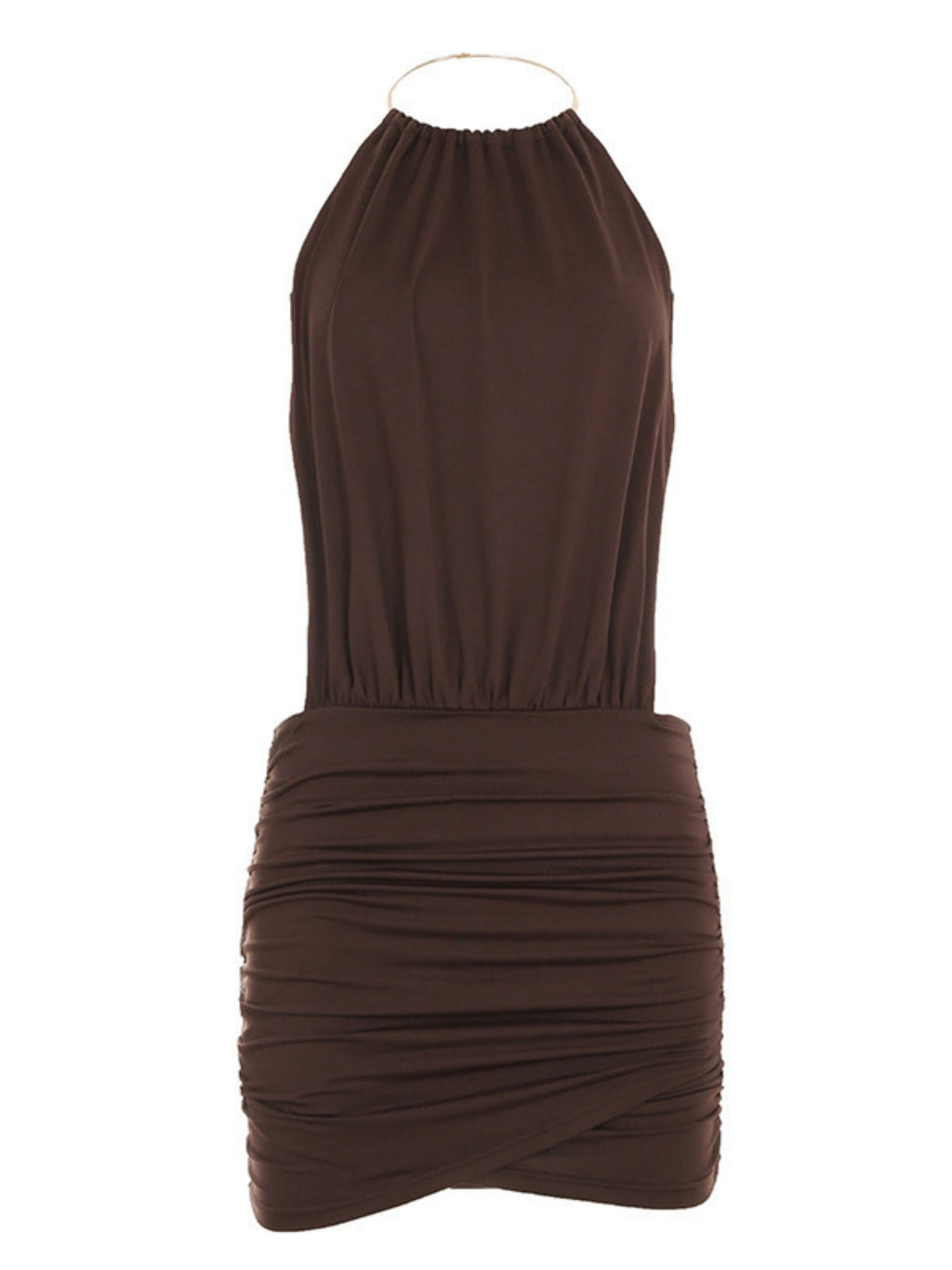 Metal Ring Halter-neck Sleeveless Backless Splicing Hip Wrap Mini&Short Dresses