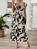 V-neck Ruffle Printed Vacation And Leisure Maxi Dresses