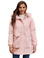 With Fur Collar Hooded For Warmth Drawstring Pocket Down Jacket