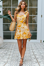 Tropical Leaf Print Square Neck Tie Shoulder Ruffle Hem Mini Dress