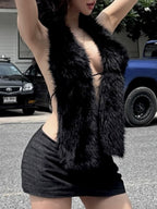 Plush Patchwork Neckband Backless Tank Tops