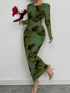 Printed Stretch Round Neck Long Sleeve Maxi Dresses