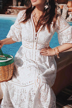 V Neck Button Front Floral Lace Bell Sleeve Tiered Midi Dress