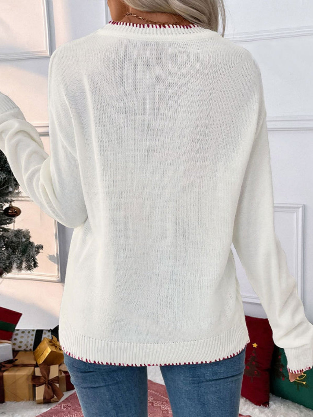 Bow Jacquard Loose Long-sleeved Round Neck Sweater