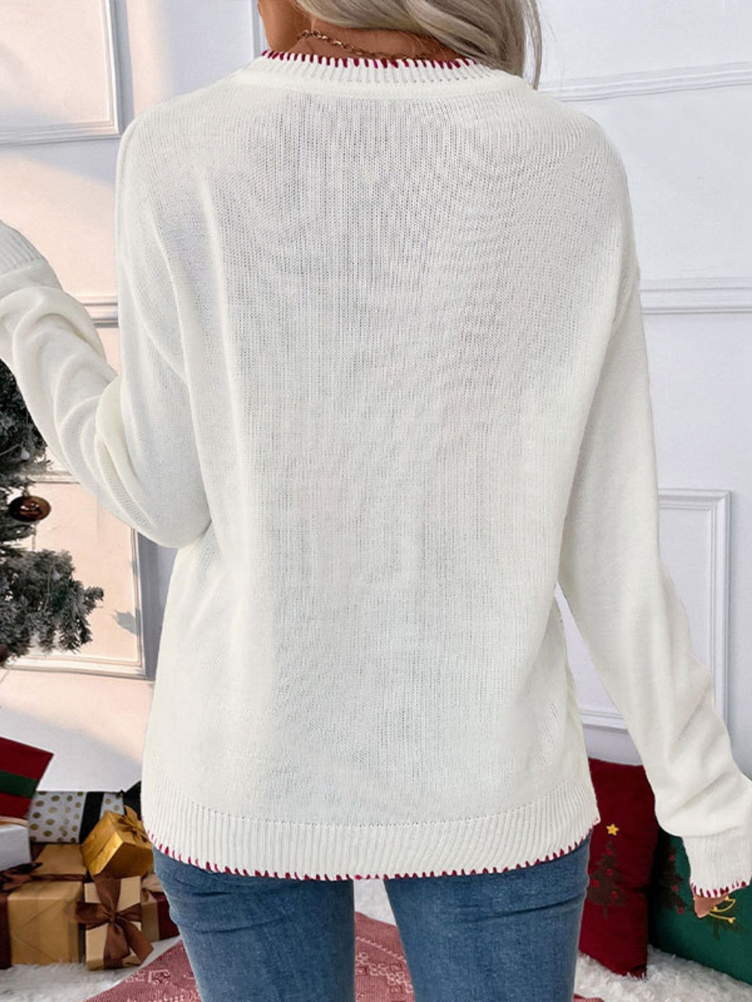 Bow Jacquard Loose Long-sleeved Round Neck Sweater