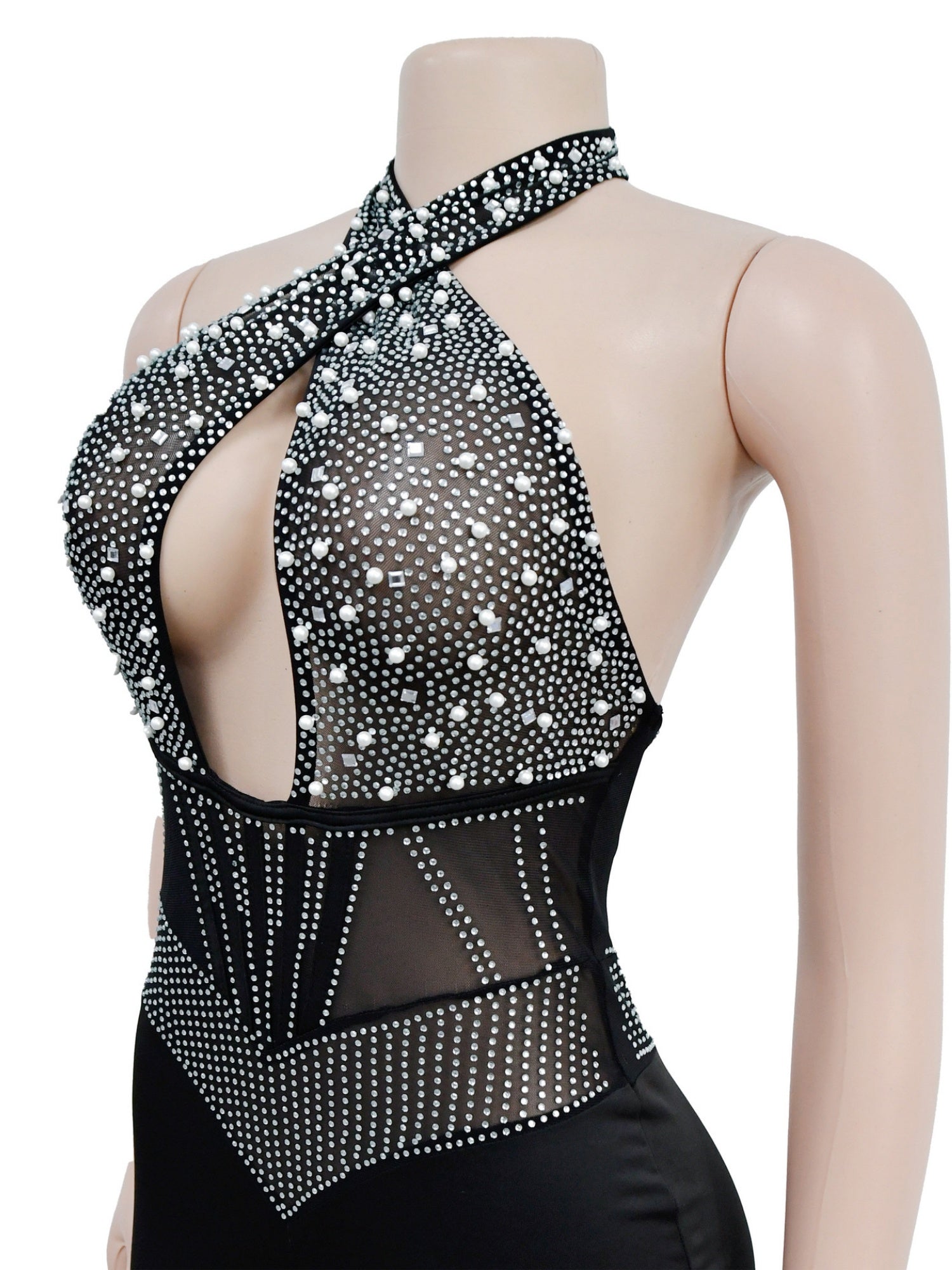 Hot-fix Rhinestones And Bubbles Mesh Splicing Halter Neck Cutout Sleeveless Jumpsuits