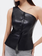 PU Leather Sleeveless, Off-shoulder, One-shoulder Single-breasted Cropped Vest