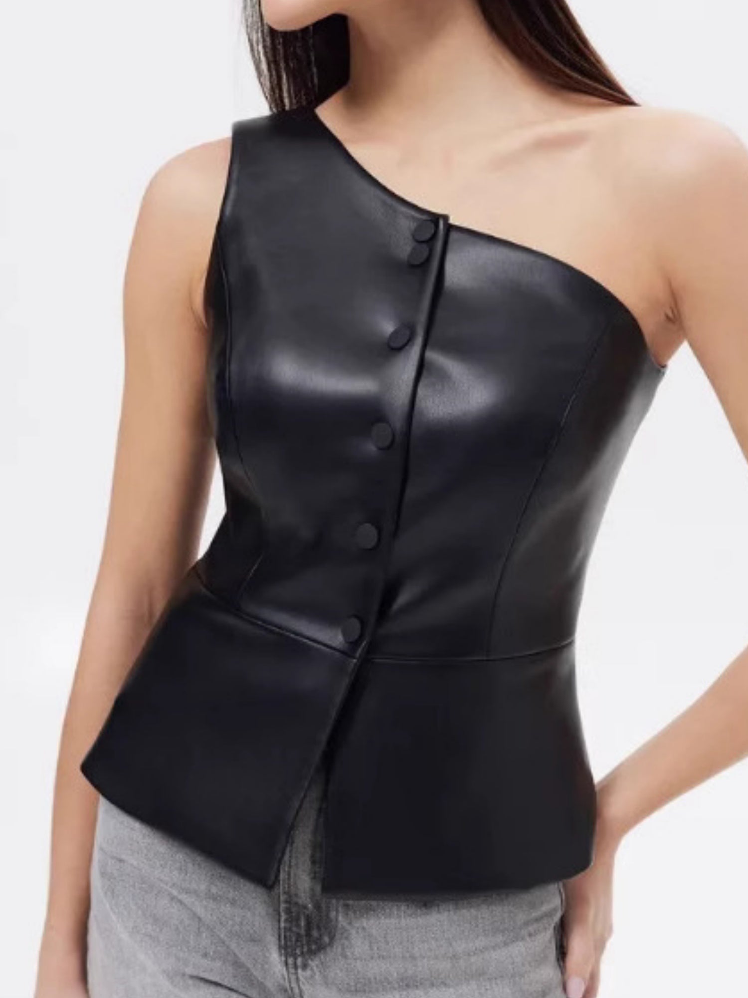 PU Leather Sleeveless, Off-shoulder, One-shoulder Single-breasted Cropped Vest