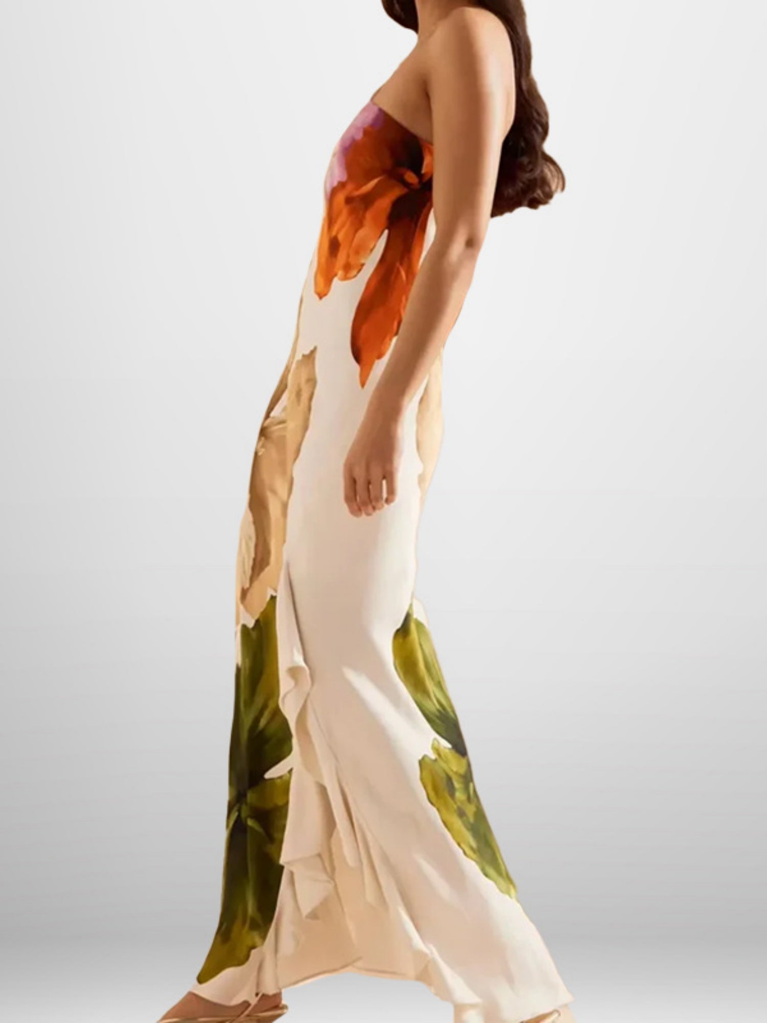 Printed Sloping Shoulders Ruffle Maxi Dresses