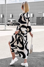Abstract Print Long Sleeve Button Down Tiered Hem Side Slit Maxi Shirt Dress