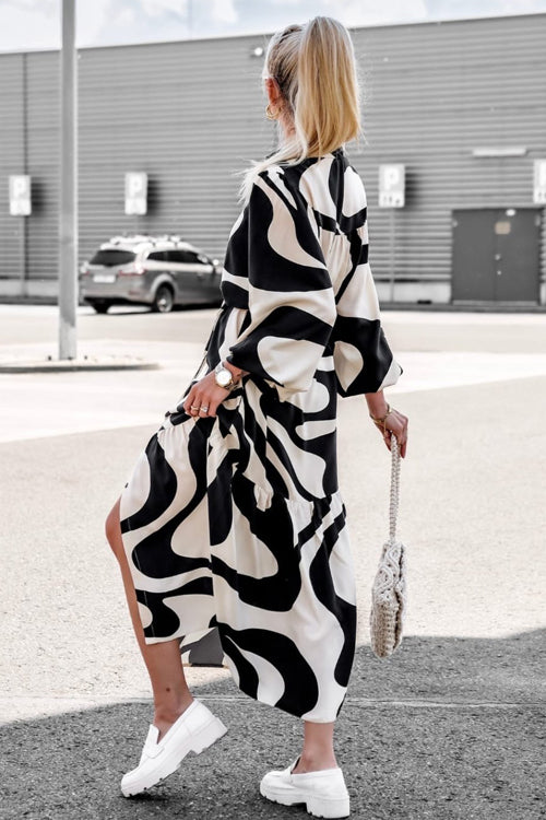 Abstract Print Long Sleeve Button Down Tiered Hem Side Slit Maxi Shirt Dress