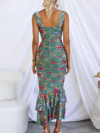 Sweetheart Neck Keyhole Cutout Ruched Floral Mermaid Hem Maxi Dress
