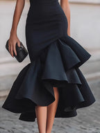 Slim-fit Temperament Grace Asymmetrical Ruffles Midi Dresses