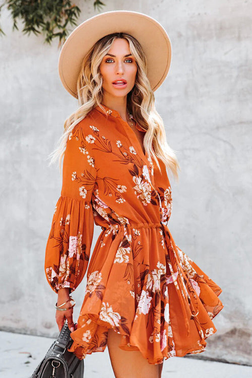 Floral Print V-Neck Button-Front Drawstring Waist Ruffle Hem Mini Dress
