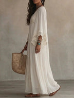Batwing Sleeves V-neck Lace Stitching Beach Dress Seaside Smock Maxi Dresses