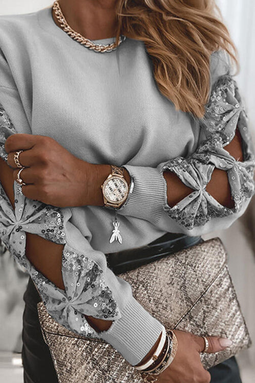 Crewneck Sequin Butterfly Cut Out Sweater