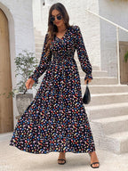 Floral Long Sleeve Square Collar Vacation And Leisure Maxi Dresses