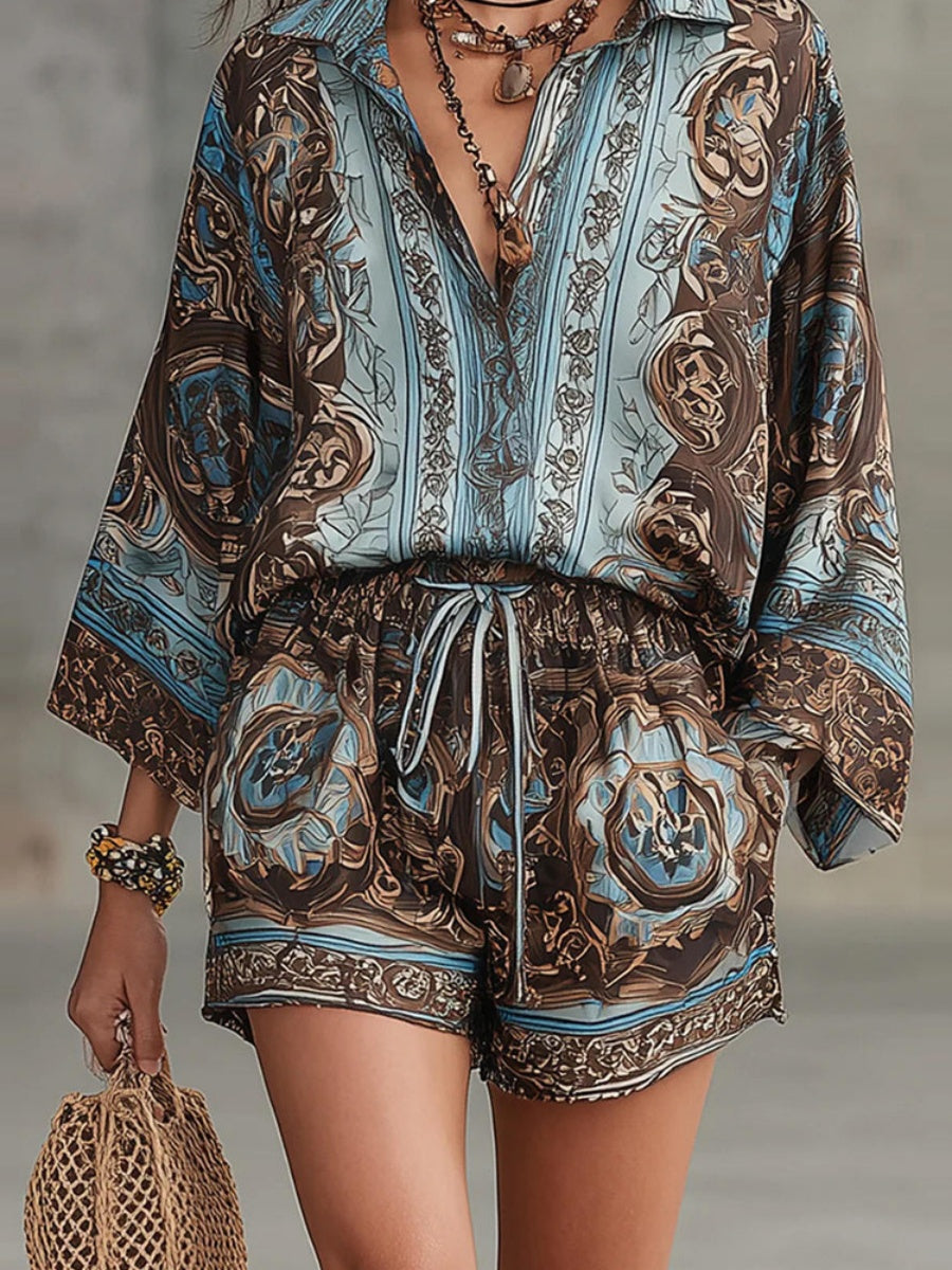 Printed Long Sleeve Shirts Loose-fit Shorts Set 2-piece Sets