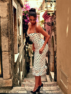 Polka Dot Fitted Ruched Skirt Midi Dress