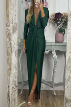 Deep V Neck Ruched Slit Maxi Bodycon Dress