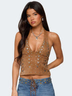Rivets V-neck Halter Neck Backless Tank Tops