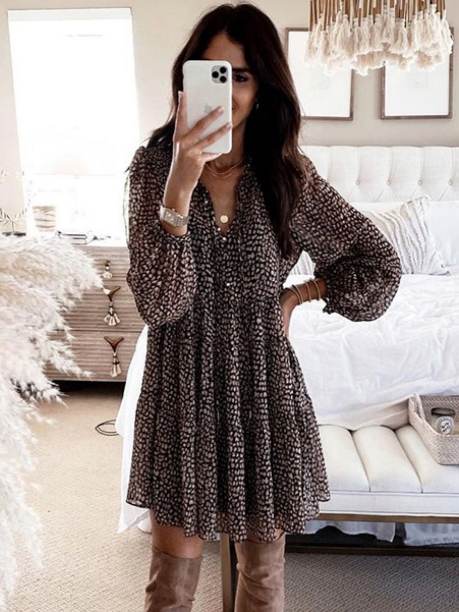 Leopard Print Balloon Sleeve V-neck Full Skirt Mini&Short Dresses