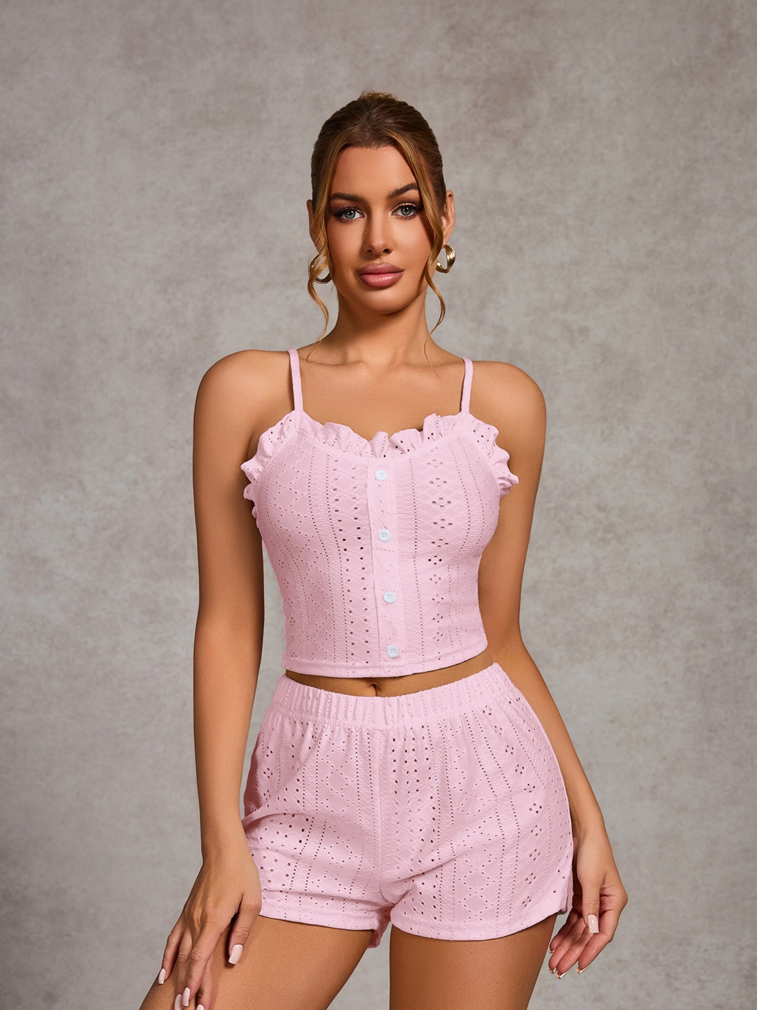 Openwork Ruffle Edge Tank Top And Shorts Loungewear 2-piece Sets