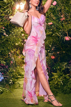 V Neck Backless Ruffle Trim Slit Floral Print Maxi Cami Dress