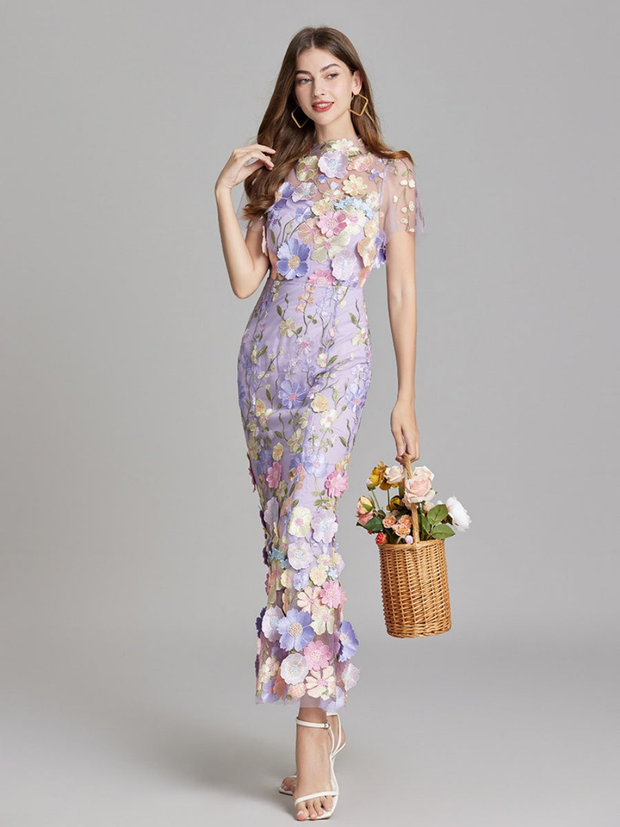 Embroidered 3D Floral Fitted Waist Short-sleeved Long Dress