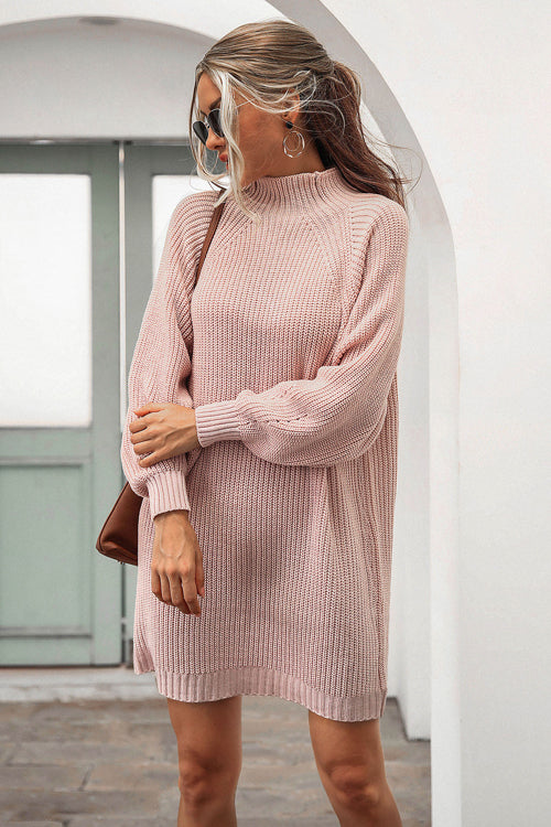 Ribbed Knit Mock Neck Balloon Sleeve Oversized Sweater Mini Dress