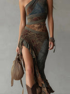 Hippie Style Vacation Retro Asymmetrical Sloping Shoulders Maxi Dresses
