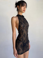 Black Lace Halter-neck Mini Dress With Exposed Hips