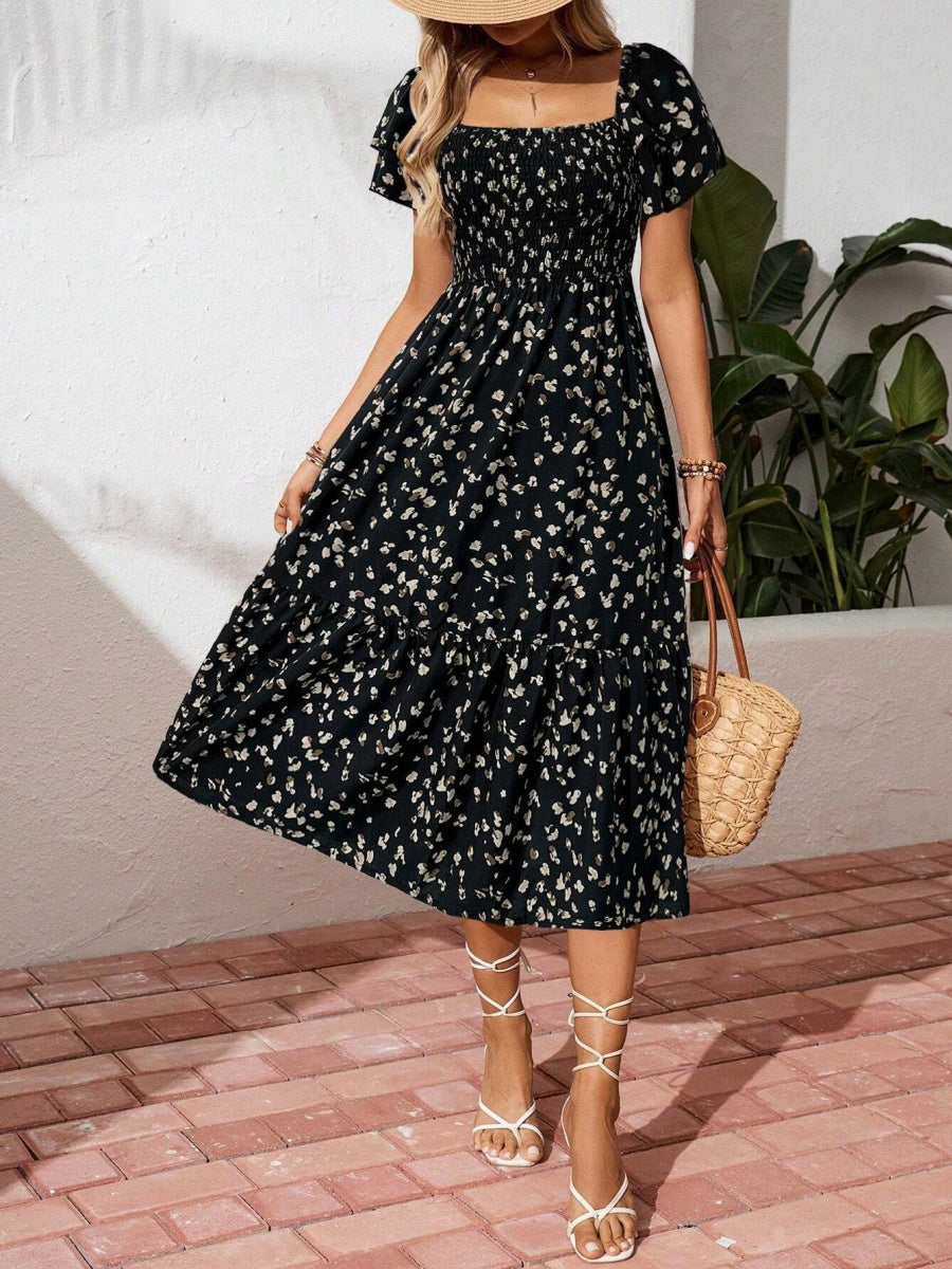 Floral Short Sleeve Square Collar Ruffle Vacation And Leisure Maxi Dresses