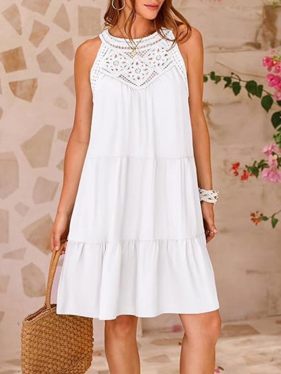 Loose-fit Trim Hollow Lace Halter Mini&Short Dresses