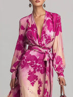 Floral Chiffon Long-sleeved V-neck Tie-waist Maxi Dress