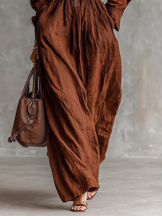 Zippered Lapel Elastic Waist Long Dress