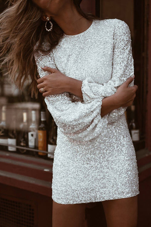 Crew Neck Sequin Puff Sleeve Bodycon Mini Dress