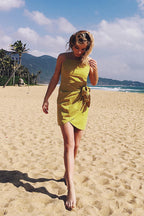 Square Neck Spaghetti Strap Side Bow Tie Wrap Mini Dress