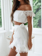 Lace Patchwork Off-shoulder Strapless Top Short Skirt 2-piece Sets
