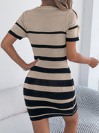 Leisure Contrasting Colors Stripes Short Sleeve Knitting Hip-hugging Mini&Short Dresses