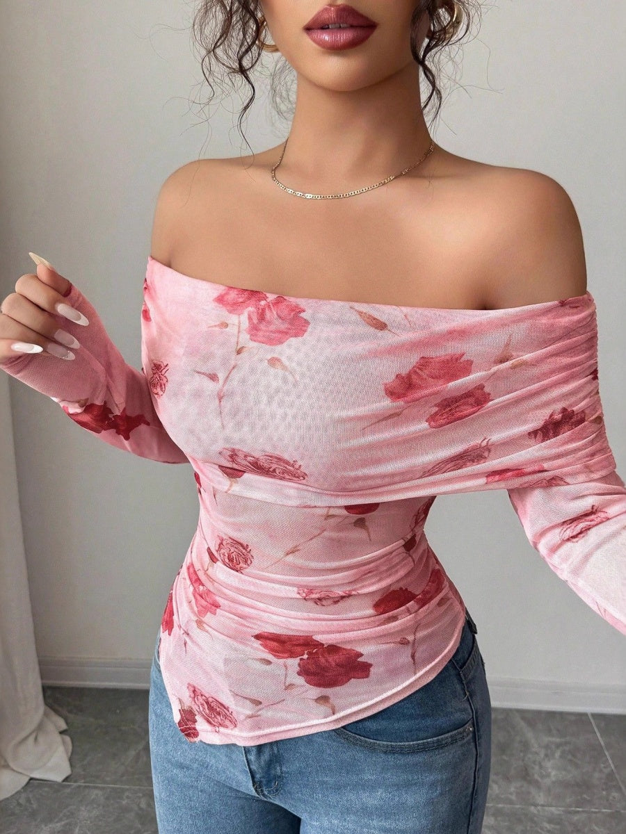 Mesh Printed Off Shoulder Irregular Hem Long Sleeve T-shirts