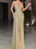 Sequins Gathering V-neck Halter Slit Parties Maxi Dresses