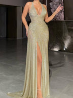 Sequins Gathering V-neck Halter Slit Parties Maxi Dresses