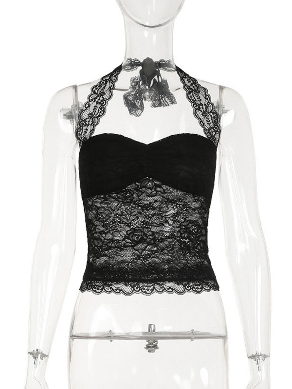 Lace Halter Neck Strap Pleated Backless Tank Tops