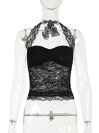 Lace Halter Neck Strap Pleated Backless Tank Tops