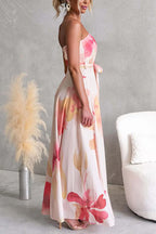 Strapless Tube Tie Waist Floral Print Maxi Dress