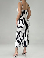 Zebra Print Sexy Vacation-style Slip Dress With Slit Midi Dress
