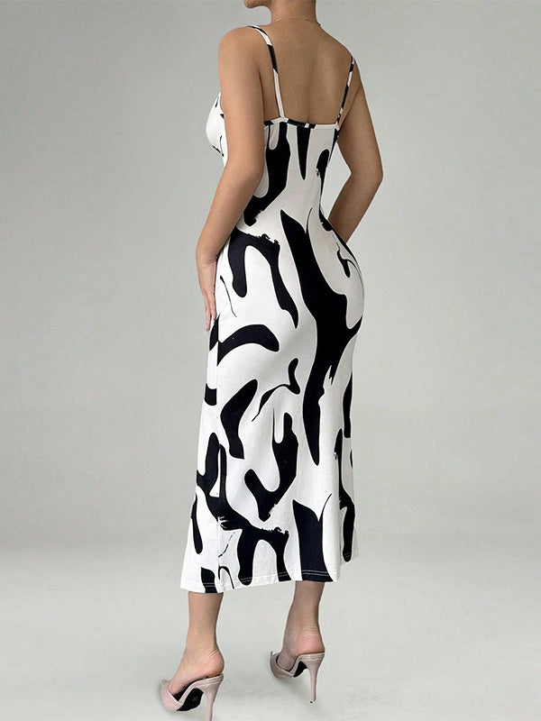 Zebra Print Sexy Vacation-style Slip Dress With Slit Midi Dress